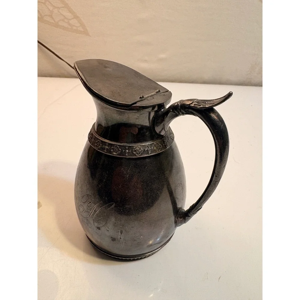 Vintage Silver Plated Pitcher Embossed Floral Band Monogram 'RH'‎
